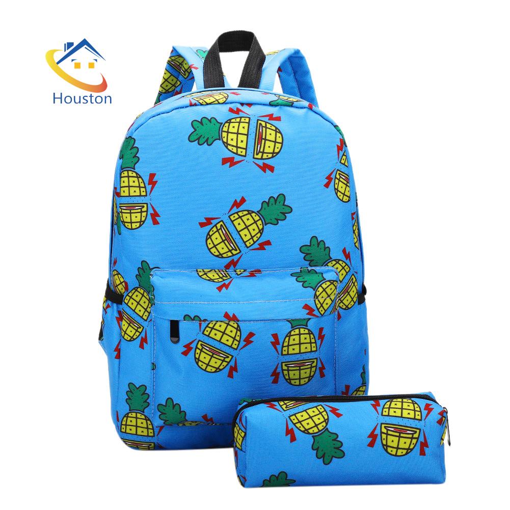 Set 2 Món Gồm Ba Lô Túi Đựng Bút Và Túi Đựng Bút Màu Xanh Dương Trái Cây Vải Canvas Dễ Thương Cho Nữ