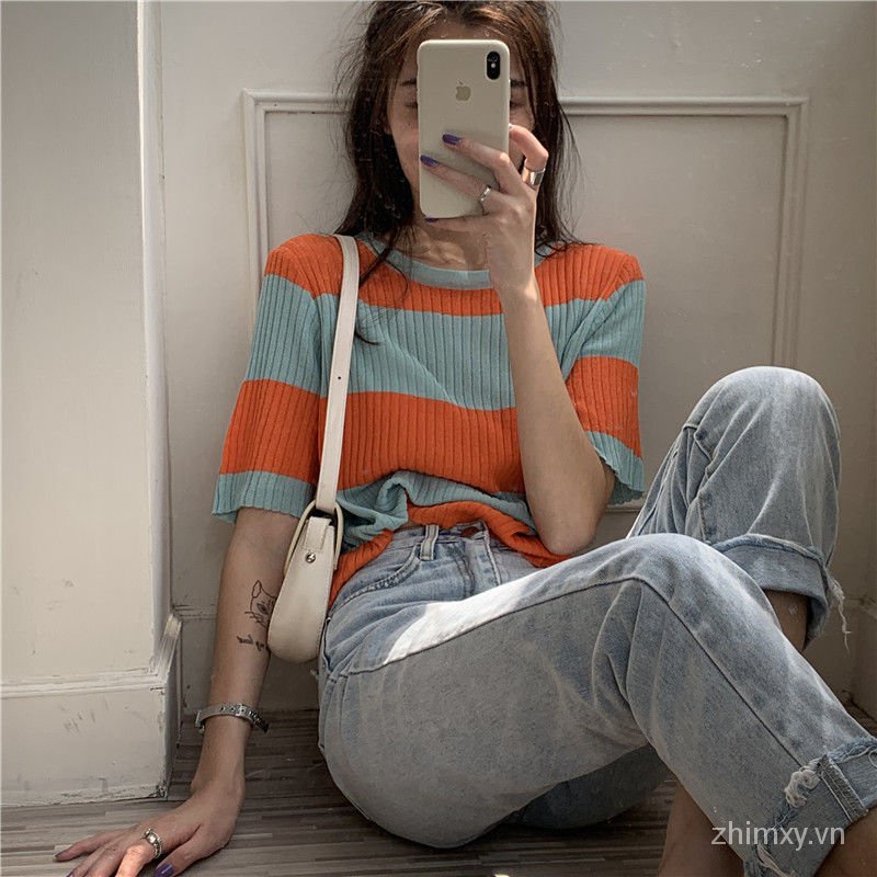 Áo dệt kim Do Dower tay ngắn dáng rộng họa tiết kẻ sọc màu tương phản thời trang mùa hè Hàn Quốc cho nữ | BigBuy360 - bigbuy360.vn