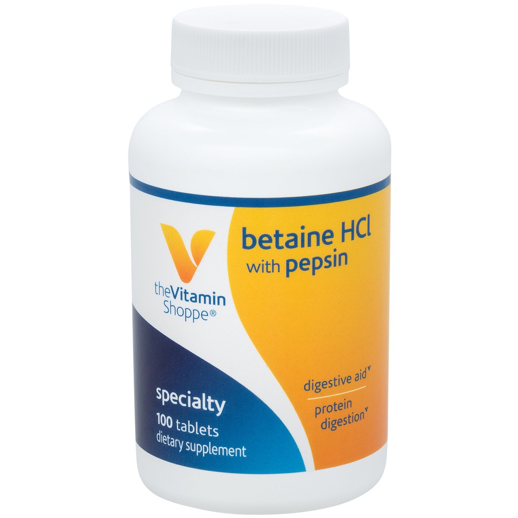 Hỗ trợ tiêu hoá, giảm đầy bụng khó tiêu Betaine HCL with Pepsin (100 viên)