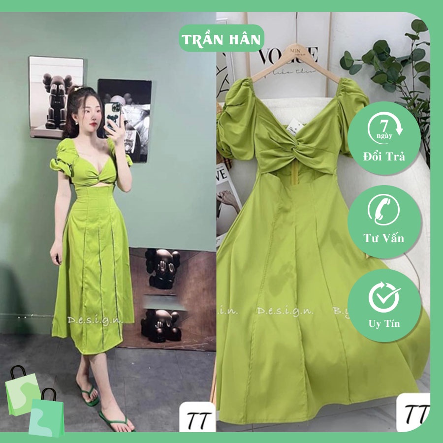 Váy thiết kế nữ tay phồng khoét bụng dáng dài sexy,quyến rũI Trần Hân Shop 3007090