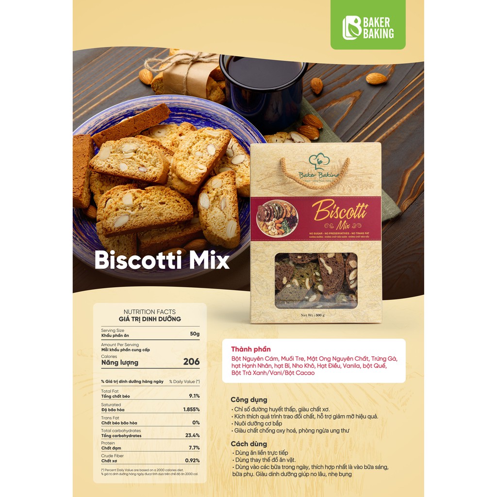 Bánh Biscotti 500g Mix 3 vị Baker Baking Chính hãng - gym, giảm cân, ăn kiêng, keto, mẹ bầu (100-500g)