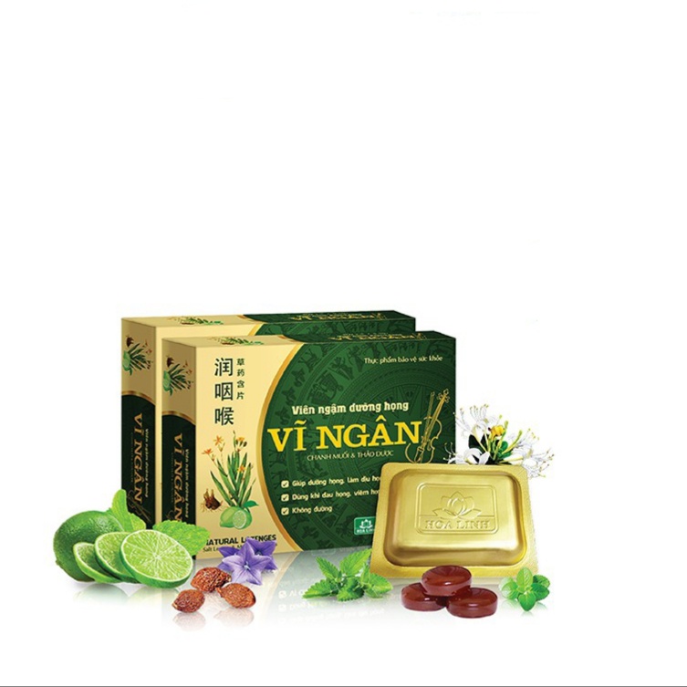 Viên ngậm dưỡng họng Vĩ Ngân - Kẹo ngậm đau họng, giảm ho vị chanh muối không đường Hoa Linh (Hộp 2 vỉ x 5 viên)