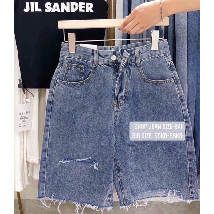 Quần Ngố Jean Xanh Đá Rách 1 Đùi Vuông Lai. Jean Ống Rộng Bigsize 30-35 (55-83kg)