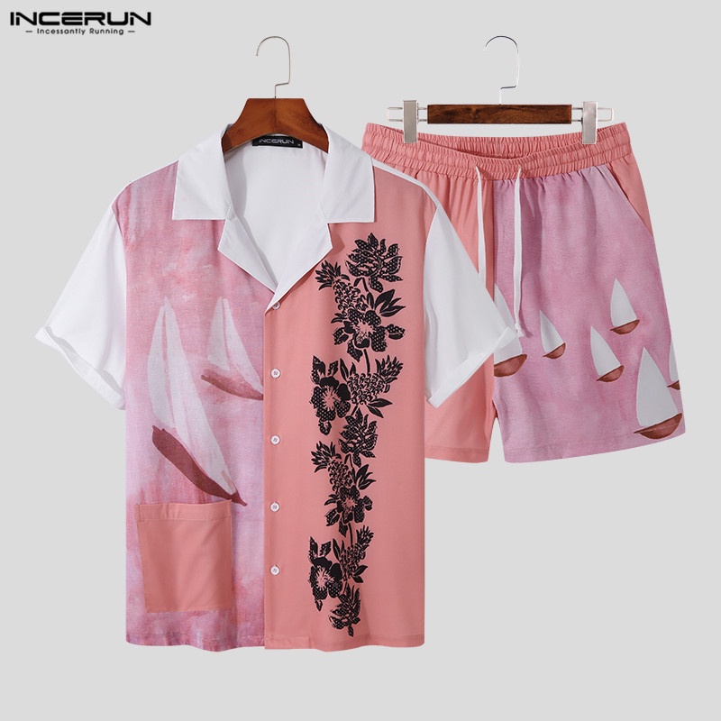 Set đồ đi biển 2 món Incerun gồm áo thun dáng rộng in hình phong cách bãi biển + quần short co giãn cho nam