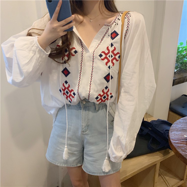 Áo ulzzang sơ mi tay bồng họa tiết (ảnh thật ở cuối)