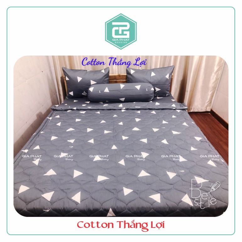 Bộ ga gối Thắng lợi cotton 100% hàng chuẩn có in logo mẫu tam giác xám