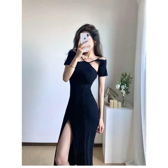 Đầm Body Nữ Cổ Yếm Dự Tiệc Ôm Xẻ Tà Cách Tân Quyến Rũ, Váy Đi Tiệc Hở Lưng Sexy Sang Trọng . Đầm MIDI
