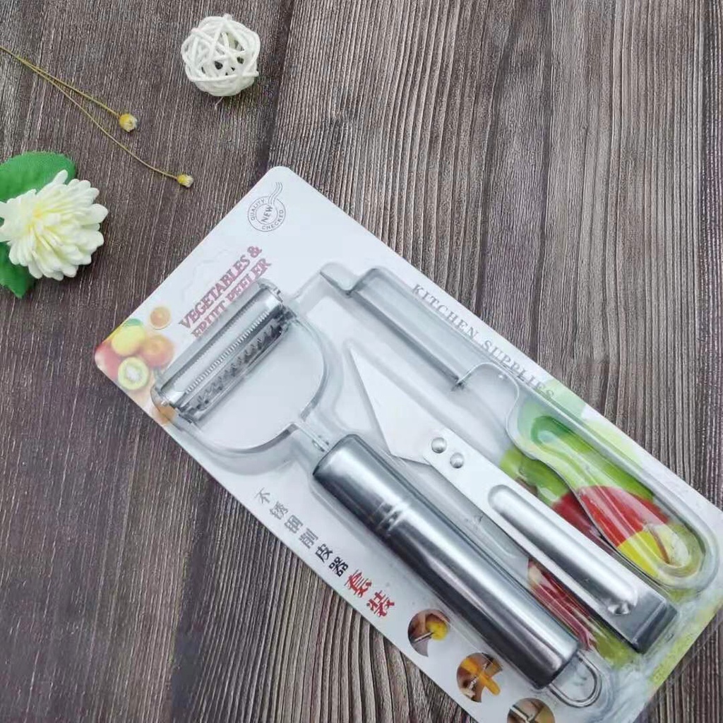 [Set 3 dụng cụ] Nạo rau củ quả inox 3 lưỡi siêu sắc, set nạo củ quả đa năng 3 trong 1