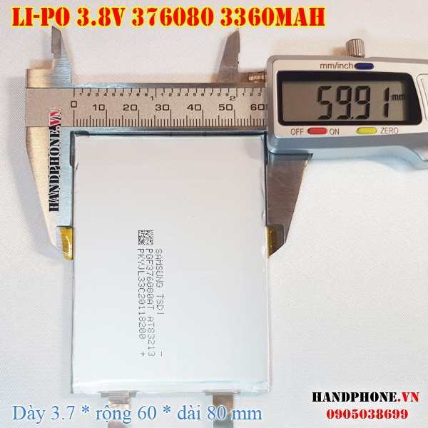 Pin Li-Po 3.8V 3360mAh 376080 (Lithium Polymer) cho Điện Thoại, Laptop, loa Bluetooth, định vị GPS, máy nghe nhạc