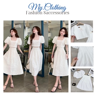 Đầm/váy set áo croptop tay bồng mix chân váy dài hoa gấm quảng châu cao cấp My.Clothing V09