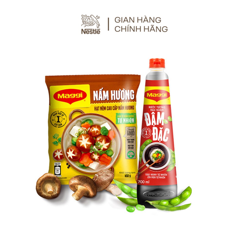 Combo gia vị chay: 1 chai nước tương Maggi® đậu nành đậm đặc 700ml + 2 hạt nêm cao cấp Maggi® vị nấm hương gói 450g