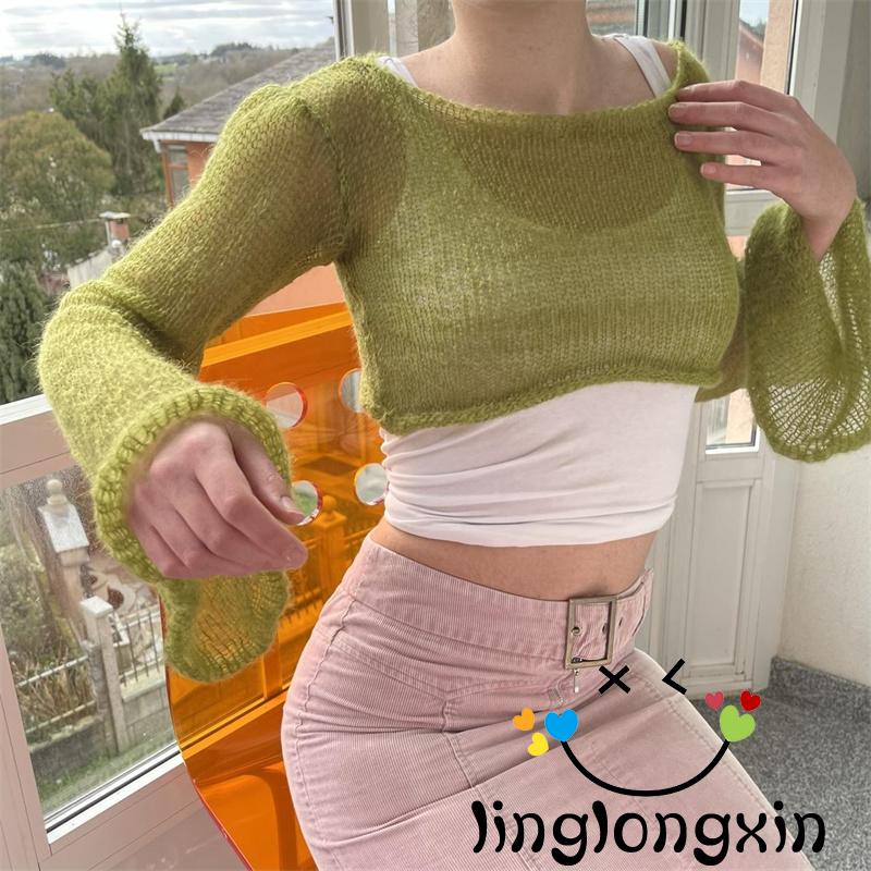Áo Croptop Dệt Kim Tay Dài Phong Cách Harajuku Cổ Điển 90s Cho Nữ Linglongxi2-Y2K