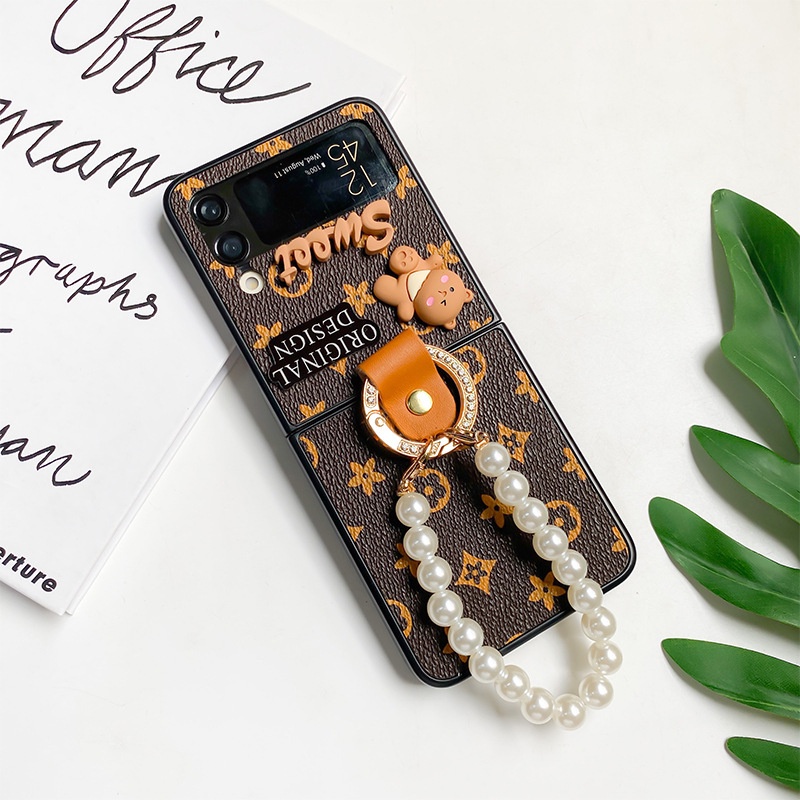 Bao Da Điện Thoại pu Họa Tiết Hoa Đính Ngọc Trai Cho samsung galaxy z flip 4 3 flip4 flip3 5g Ốp
