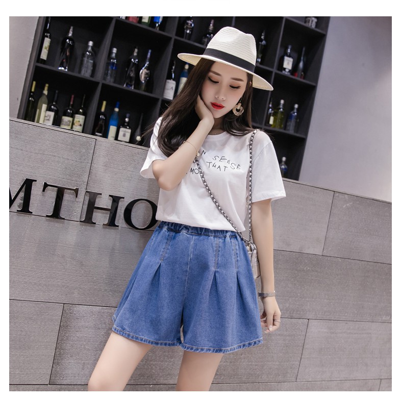 Quần Short Jean Lưng Cao Ống Rộng Màu Xanh Dương Có Size Lớn S-5Xl Plus Thời Trang Mùa Hè Cho Nữ