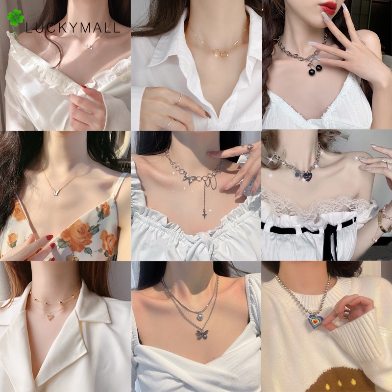Vòng cổ mặt hình trái tim/ bướm bằng kim loại màu bạc phong cách Hàn Quốc thời trang cho nữ