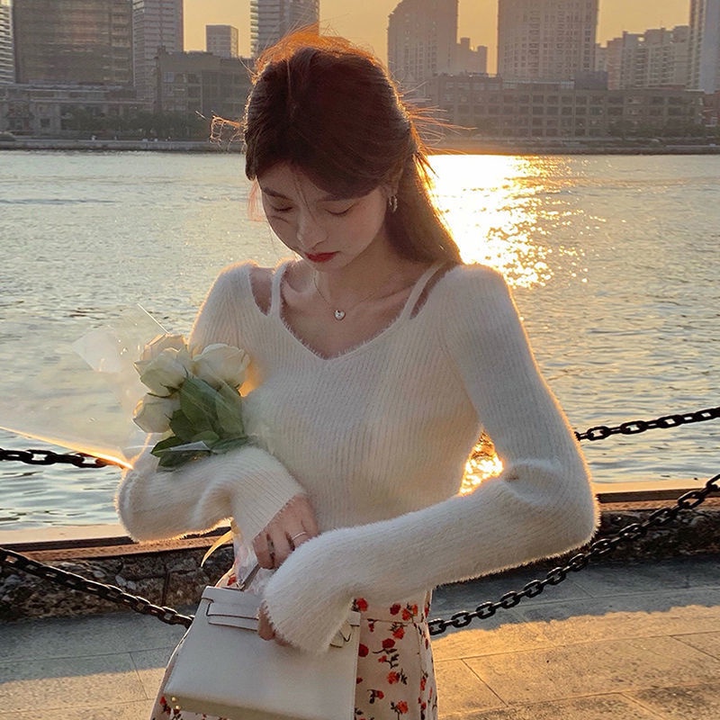 Áo sweater tay dài thiết kế hở vai thời trang thu đông cho nữ 2021