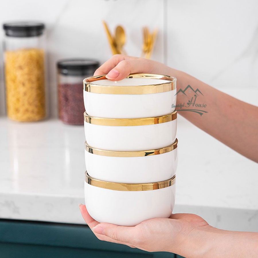 [LẺ] Set Bát Đĩa Đẹp - Đồ Dùng Phòng Ăn Sứ Trắng Viền Vàng Chất Lượng Cao - Lẻ Chi Tiết