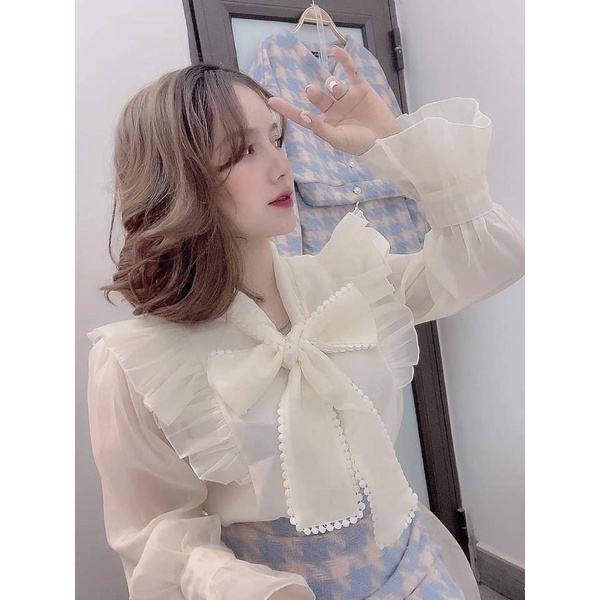 Áo sơ mi cổ nơ đính ngọc