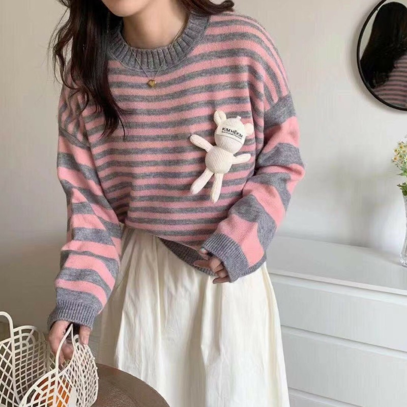 Áo sweater Dệt Kim Cổ Tròn Dáng Rộng Họa Tiết Kẻ Sọc Dễ Thương Thời Trang Mùa Thu Cho Nữ