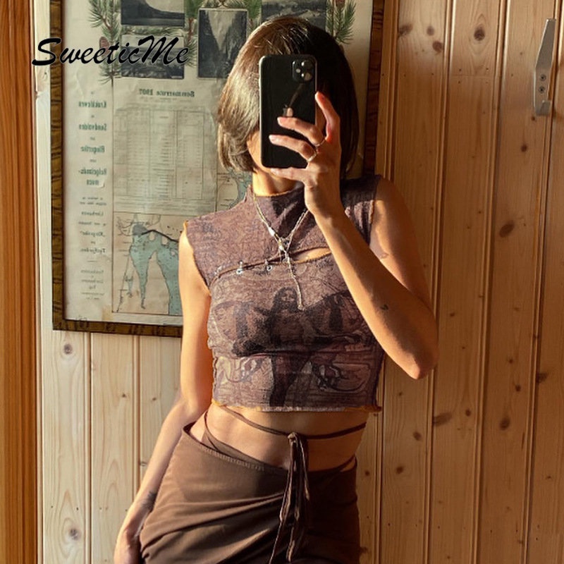 Áo Tank Top Sát Nách Cổ Tròn Dáng Ôm In Họa Tiết Thời Trang 2022 Cho Bạn Gái