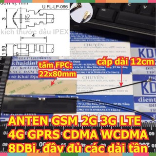 (BÁN NHANH)  2 cái ANTEN GSM 2G 3G LTE 4G GPRS CDMA WCDMA 8DBi, cổng IPEX, tấm FPC: 22x80mm, DÂY DÀI 12cm kde5354