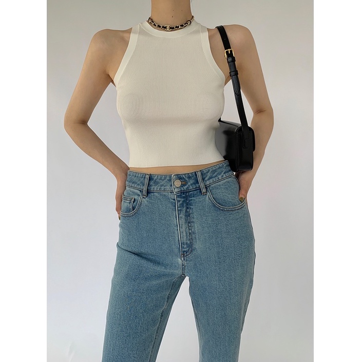 Porozi  Áo croptop dệt kim  sát nách cổ tròn phong cách Hàn Quốc cho nữ