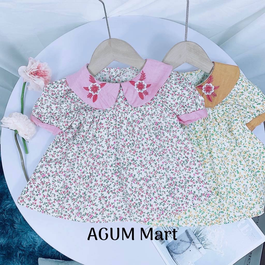 Set Bộ Hoa Nhí Bé Gái Cổ Bèo Thêu Hoa Quần Đính Nơ S01 AGUM MART Siêu Xinh Cho Bé Từ 9-20kg