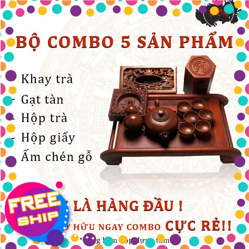 Combo 5 sản phẩm khay trà gỗ hương mỹ nghệ cao cập kèm hộp trà, hộp giấy, ấm trà, gạt tàn gỗ làng nghề Đồng Kỵ