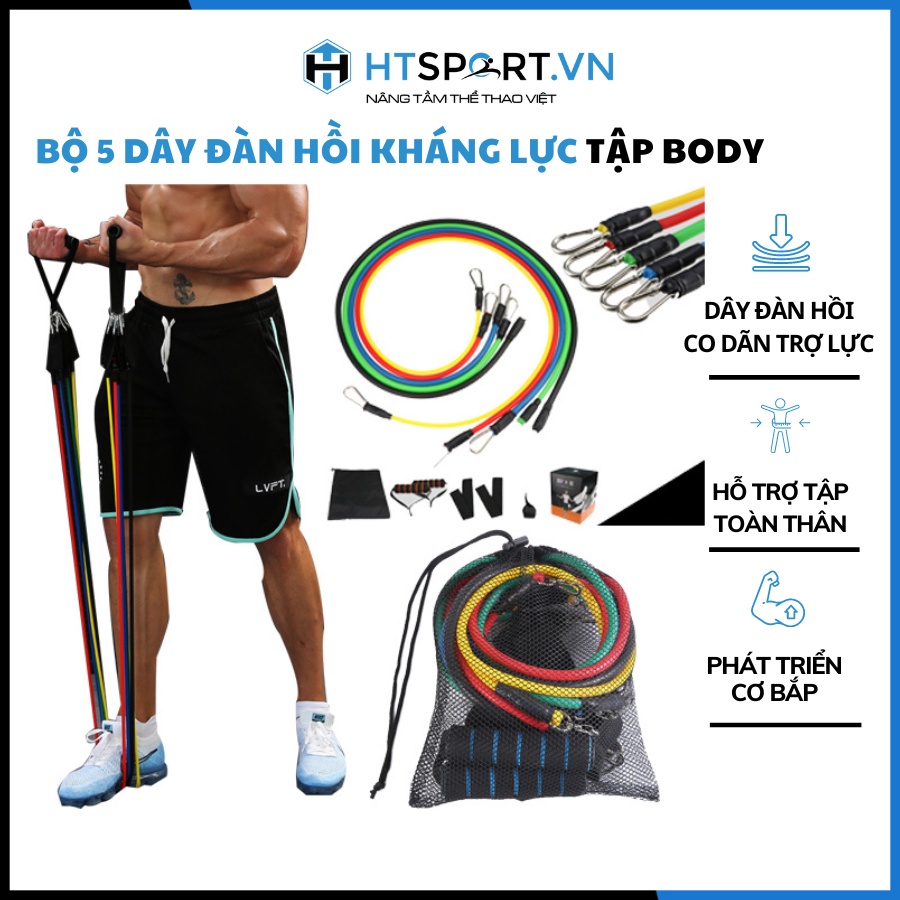 Dây Ngũ Sắc Tập Gym, Bộ 5 Dây Đàn Hồi Kháng Lực Tập Full Body, Dụng Cụ Tập Thể Hình Tại Nhà Đa Năng