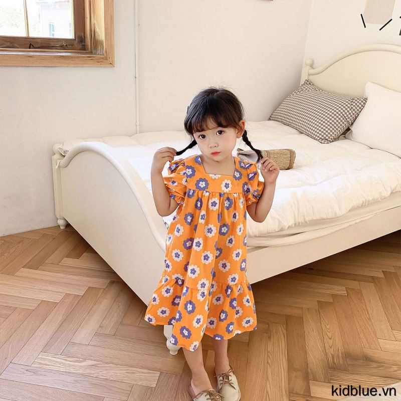 Đầm công chúa dáng rộng cổ vuông phong cách Hàn Quốc mùa hè cho bé gái