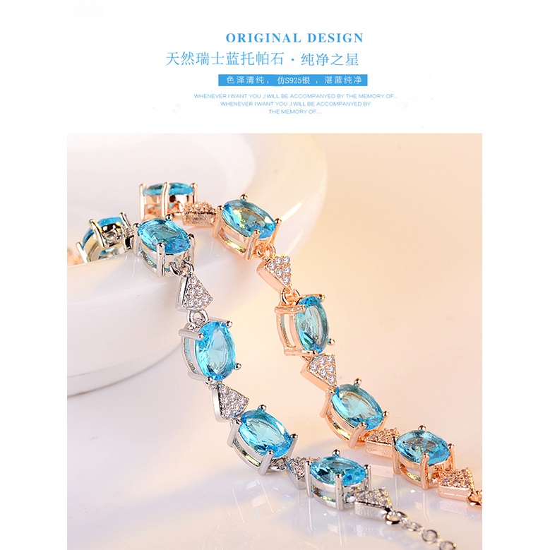 Ximilu♥Vòng Tay Bạc 925 Đính Đá Topaz Xanh Thời Trang Dành Cho Nữ