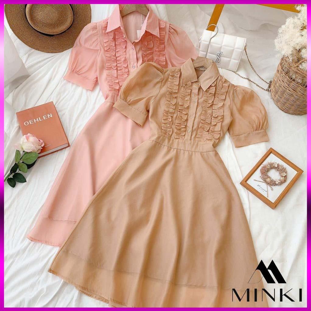 [SIÊU HOT] ĐẦM SƠ MI TAY BỒNG DỊU DÀNG - CHẤT LIỆU VOAN TƠ CAO CẤP - MÀU HỒNG/ NUDE | BigBuy360 - bigbuy360.vn