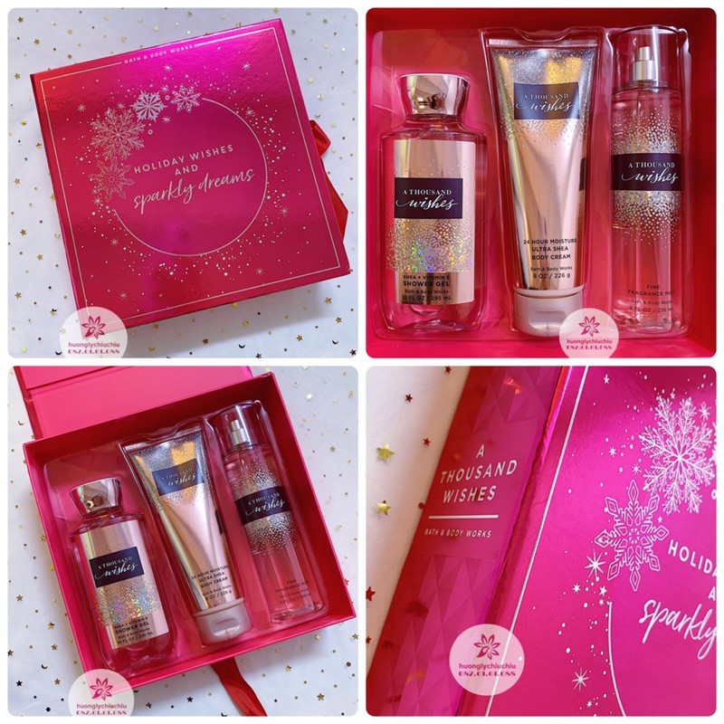 Set Body mist + lotion + gel tắm fullsize Bath and body works  Warm Vanilla sugar, a thousand wishes, rose, gingham