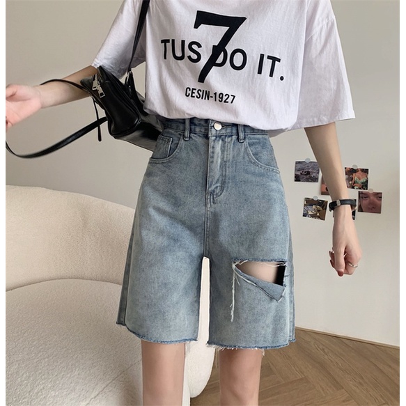Quần Short Jeans Rách Lưng Cao Thời Trang Dành Cho Nữ