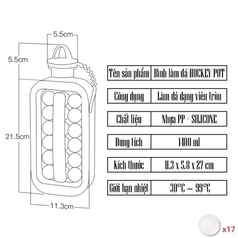 Bình đựng nước kiêm làm đá đa năng 17 viên tròn HOCKEY POT (BLD17) | BigBuy360 - bigbuy360.vn