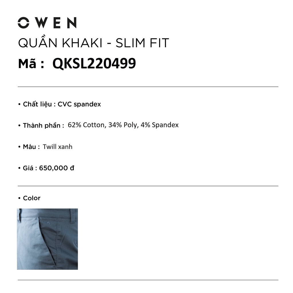 Quần dài kaki nam Owen QKSL220499 khaki công sở cao cấp màu xanh da trời đậm dáng slim fit ôm nhẹ vải thô cotton mềm mát