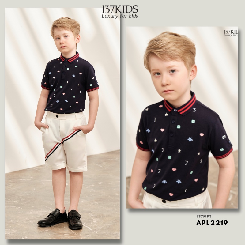 Áo polo cộc tay xanh than họa tiết 137Kids chất cotton thoáng mát năng động cho bé trai