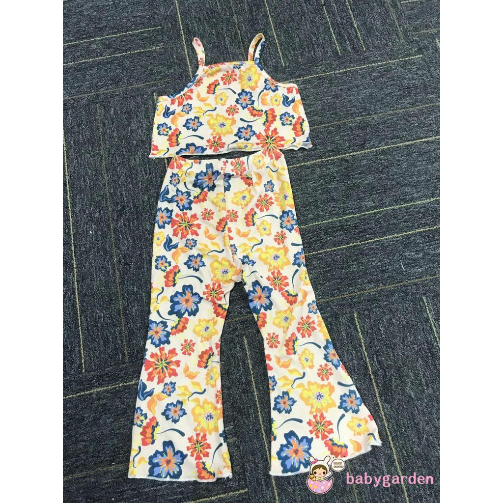 Set áo 2 dây + quần dài ống loe họa tiết da báo/hoa dành cho bé gái