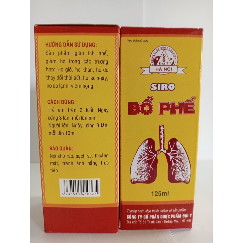 SIRO BỔ PHẾ ĐẠI Y CHAI 125 ML Bổ phế, giảm ho trong các trường hợp ho gió, ho khan ho do lạnh, ho lâu ngày, viêm họng..