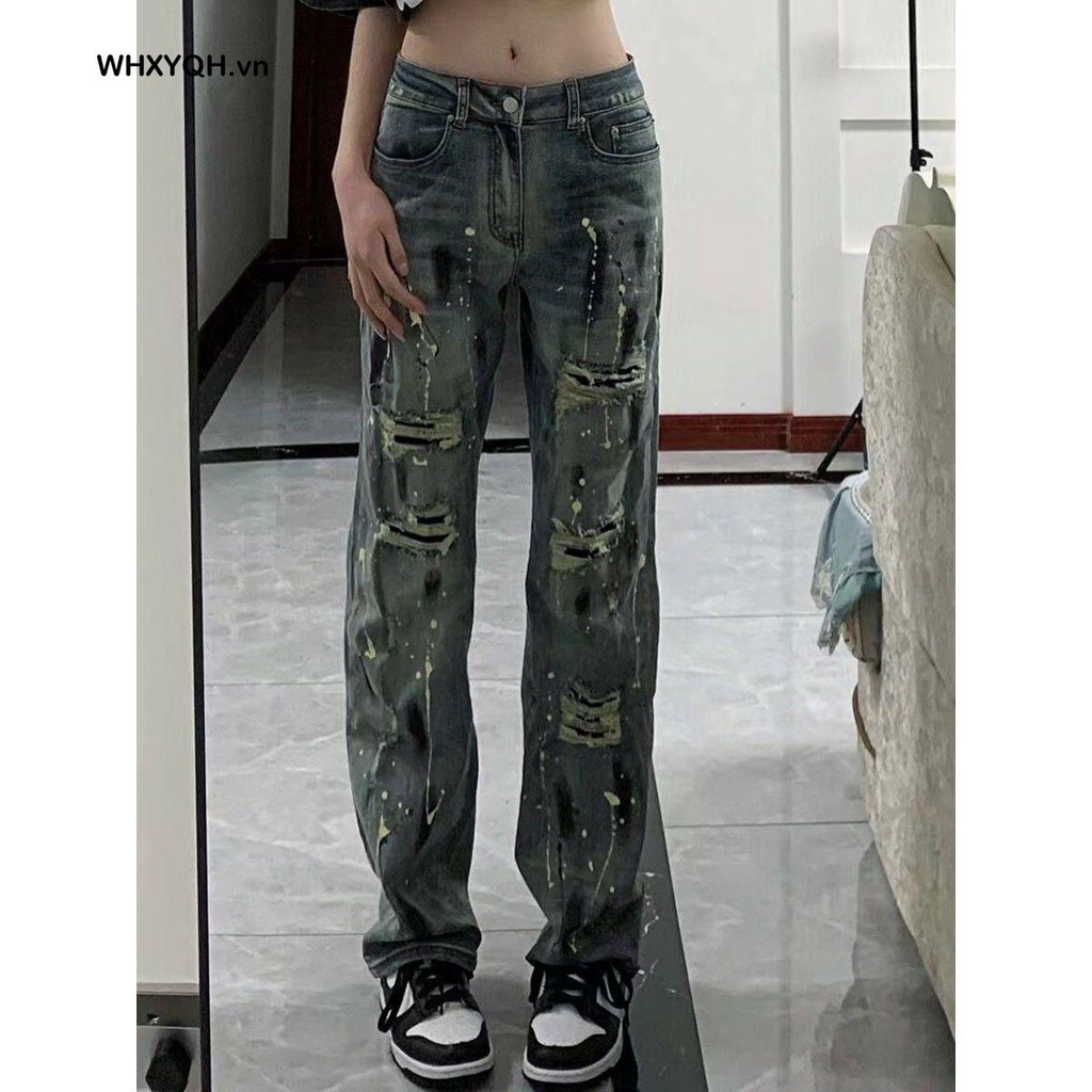 Quần Jean Dài Ống Suông Rộng Phối Rách Cá Tính Theo Phong Cách Retro