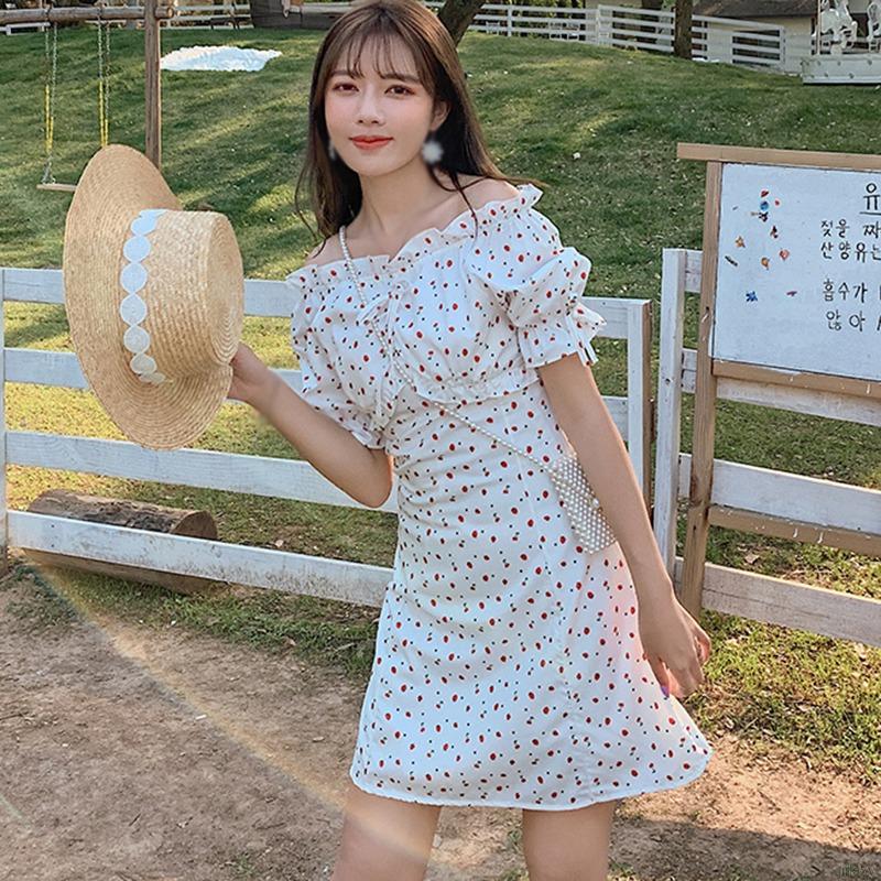 Đầm Nữ Ngắn Tay Cổ Vuông Họa Tiết Hoa Xinh Xắn Phong Cách Hàn Quốc
