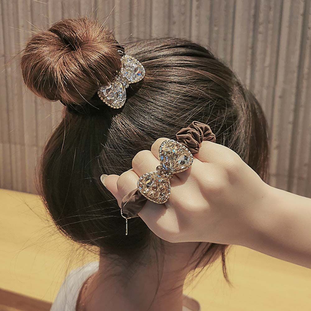 Dây Buộc Tóc Co Giãn Đính Nơ Kim Cương Giả Nhiều Màu Thời Trang