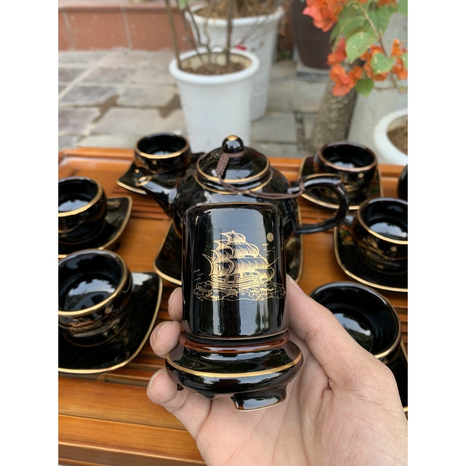 Bộ Ấm Chén Uống Trà, Bộ Bình Trà, Bộ Ấm Trà, Bộ Ấm Chén Bát Tràng - Thuận Buồm Xuôi Gió Men Đen Bóng