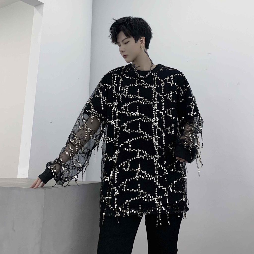 Áo Thun Nam Tay Dài Phối Lưới Mỏng Đính Kim Sa Nhìn Xuyên Thấu Phong Cách Đường Phố