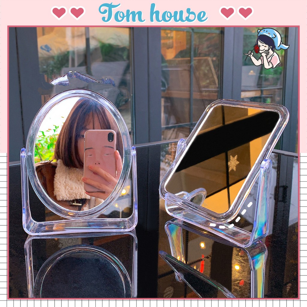 Gương soi trang điểm để bàn hai mặt xoay 360 độ chất liệu nhựa trong suốt như pha lê sang chảnh Tom House