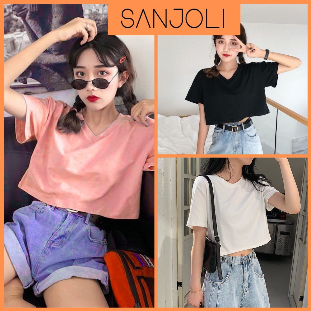 Áo Thun Croptop SANJOLI Áo Croptop Form Rộng Tay Ngắn Kiểu Nữ Cổ Tim Hàn Quốc Lửng Lỡ Đẹp Ulzzang AO007