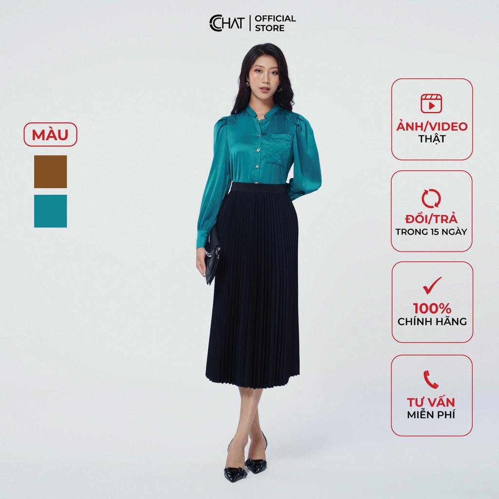 Áo Sơ Mi Nữ 𝐂𝐂𝐇𝐀𝐓 Phối Trần Bông Vai Túi Chất Lụa Cao Cấp Dáng Suông Phong Cách Trẻ Trung 11FDL2054ST