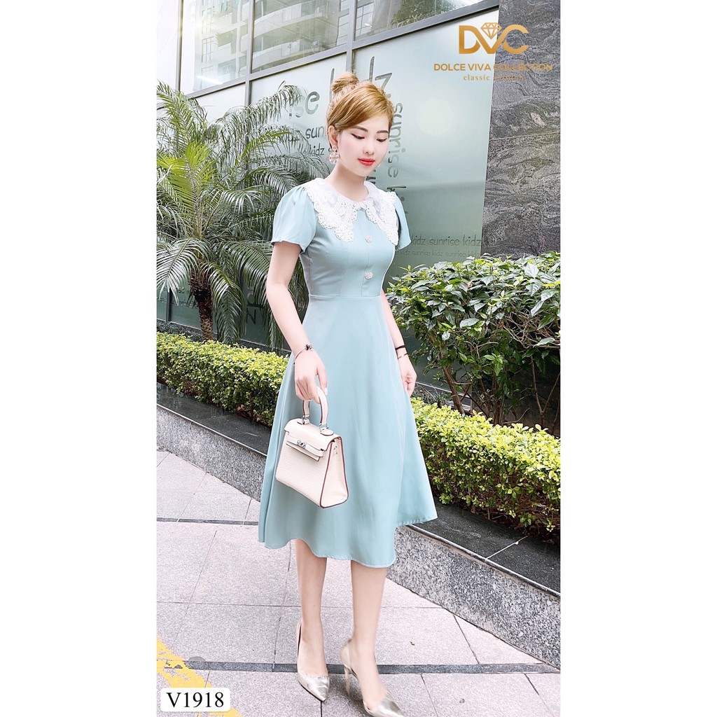 Váy xanh xòe cổ ren V1918 - Đẹp Shop DVC (Kèm ảnh thật trải sàn do shop tự chụp)