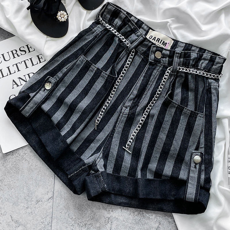 Quần Short Denim Lưng Cao Phối Sọc Dọc Plus Size 3XL Thời Trang Cho Nữ 95853