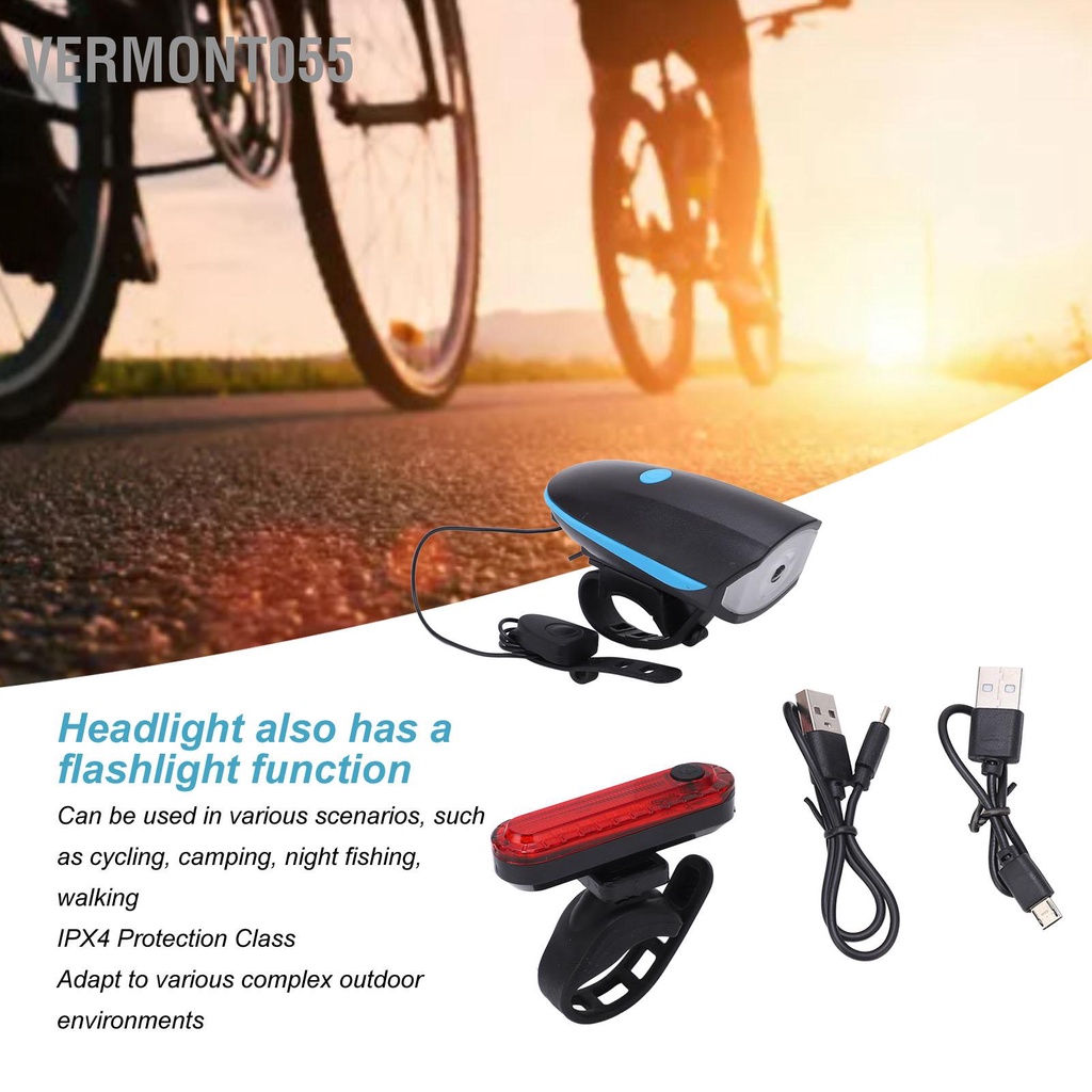 Vermont055 Bộ đèn xe đạp sạc USB IPX4 Chống nước đa chế độ Đèn pha hợp kim nhôm để đi câu cá
